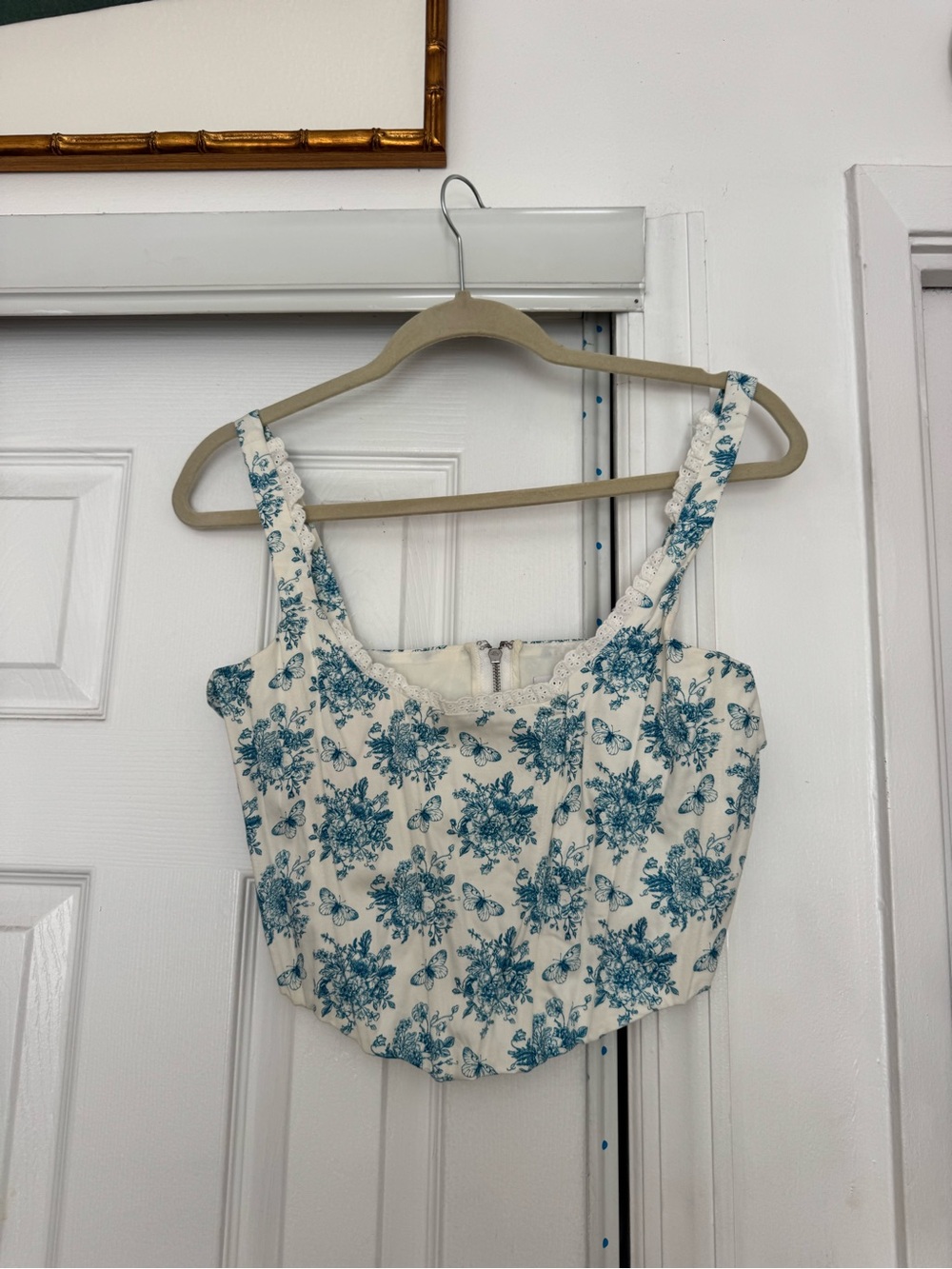 With Jean Cream Crop Top with Blue Floral Print